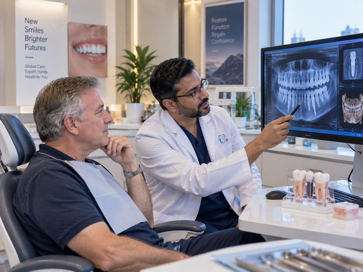 American patient consulting with a dental specialist for implant dentistry abroad — Sultan GHC
