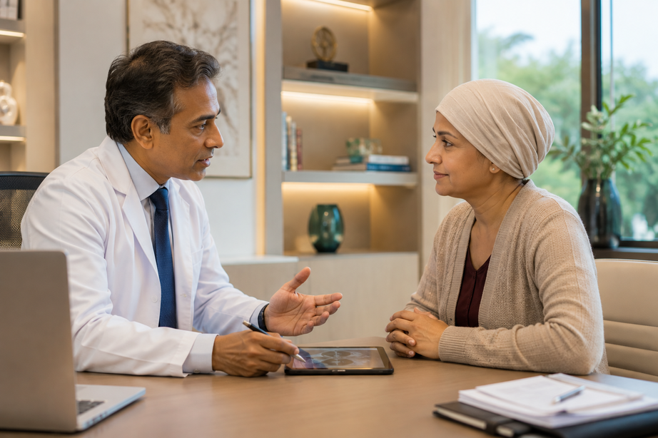 Patient in consultation with oncologist — supportive care setting